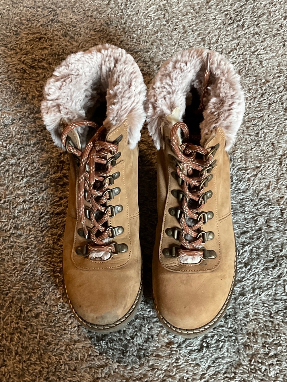 Women's Faux Fur Collar Brown Lace-Up Winter Boots